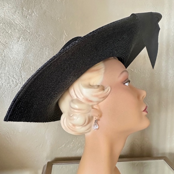 IMPRESSIVE 1970s\' NAVY STRAW WIDE BRIM HAT WITH FOLDED BACK BRIM + BLUE FLOWERS main image 7